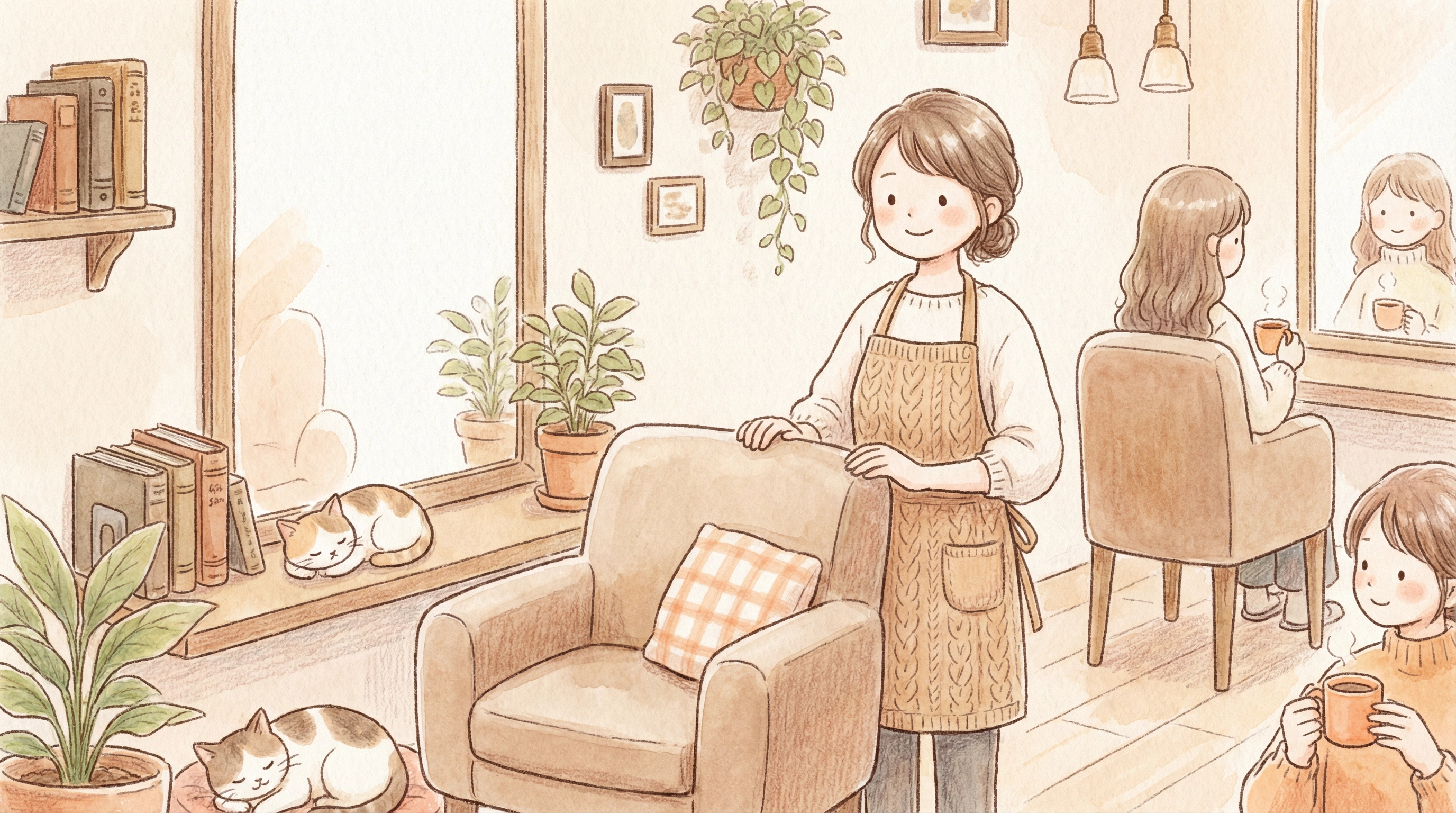 サロンでの温かい接客風景のイラスト